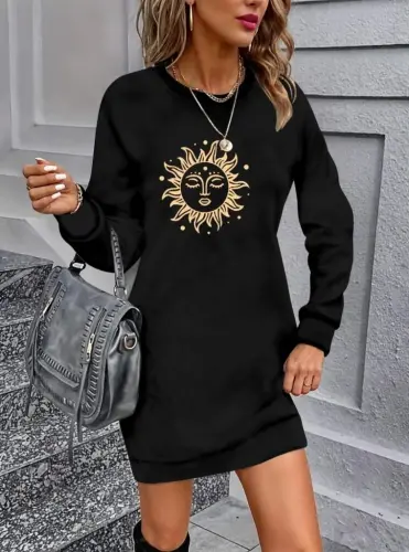 Women's Long Sleeve Crew Neck Sun Patterned Viscose Two Thread Dress - 4