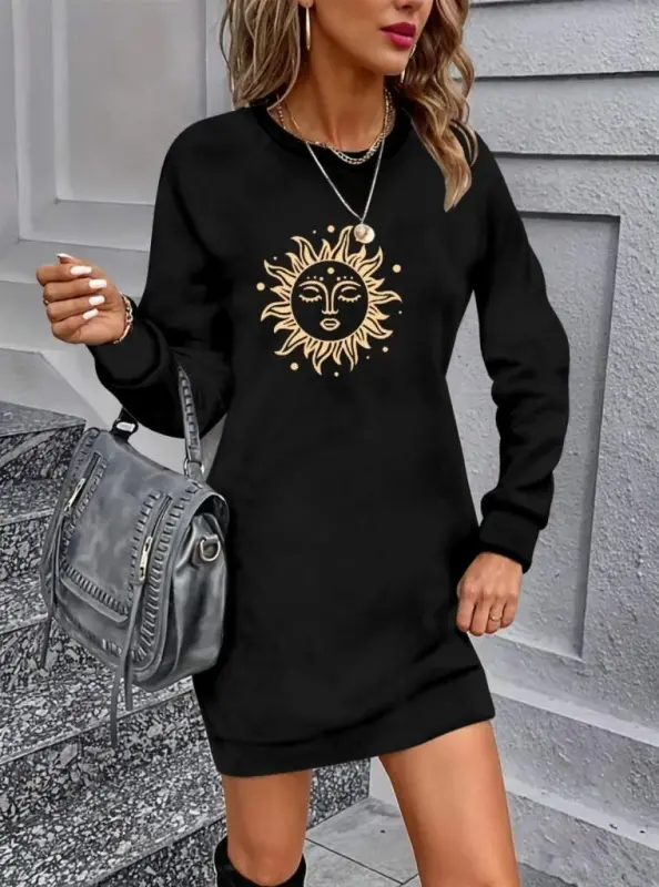 Women's Long Sleeve Crew Neck Sun Patterned Viscose Two Thread Dress - 4