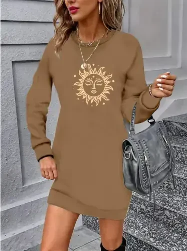 Women's Long Sleeve Crew Neck Sun Patterned Viscose Two Thread Dress - 1