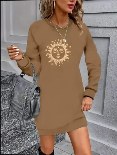 Women's Long Sleeve Crew Neck Sun Patterned Viscose Two Thread Dress - 3