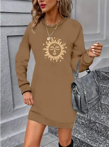 Women's Long Sleeve Crew Neck Sun Patterned Viscose Two Thread Dress - 1