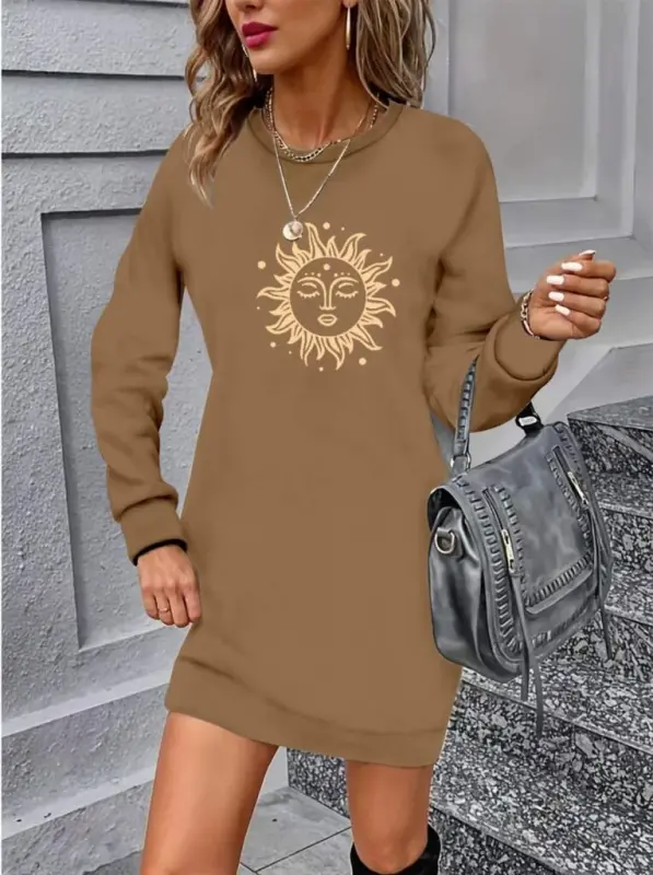 Women's Long Sleeve Crew Neck Sun Patterned Viscose Two Thread Dress - BÜYÜKBEDENIZ