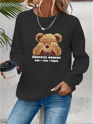 Women's Long Sleeve Crew Neck Teddy Bear Patterned Viscose Two Thread Blouse - BÜYÜKBEDENIZ (1)