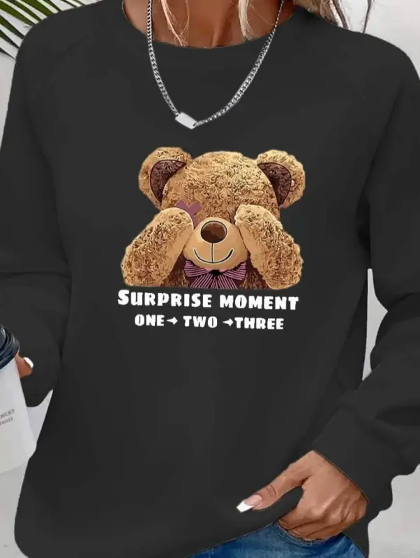 Women's Long Sleeve Crew Neck Teddy Bear Patterned Viscose Two Thread Blouse - 3