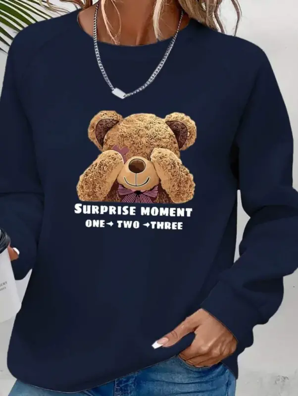 Women's Long Sleeve Crew Neck Teddy Bear Patterned Viscose Two Thread Blouse - 2