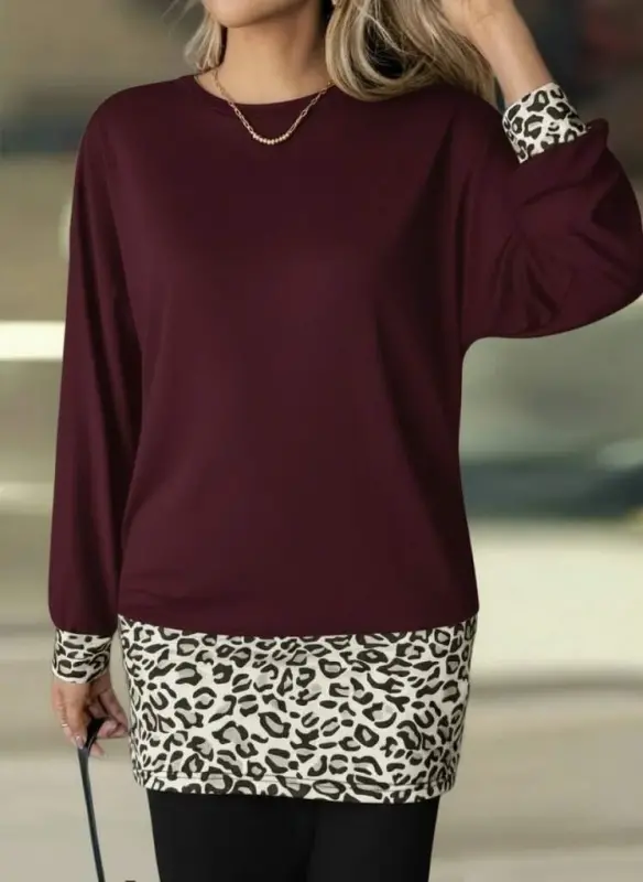 Women's Long Sleeve Crew Neck Top Viscose Two Thread Bottom Leopard Print Mini Dress - 1