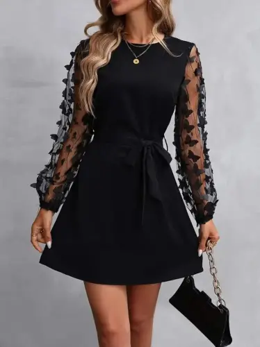 Women's Long Sleeve Crew Neck Tulle Butterfly Detailed Imported Crepe Dress - BÜYÜKBEDENIZ (1)