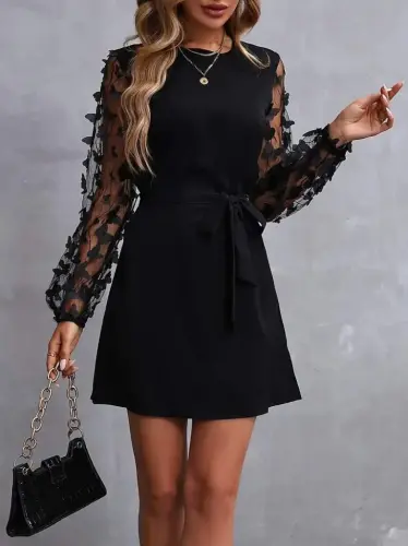 Women's Long Sleeve Crew Neck Tulle Butterfly Detailed Imported Crepe Dress - 3