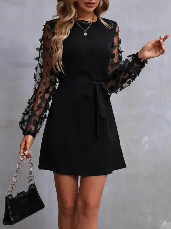 Women's Long Sleeve Crew Neck Tulle Butterfly Detailed Imported Crepe Dress - 3