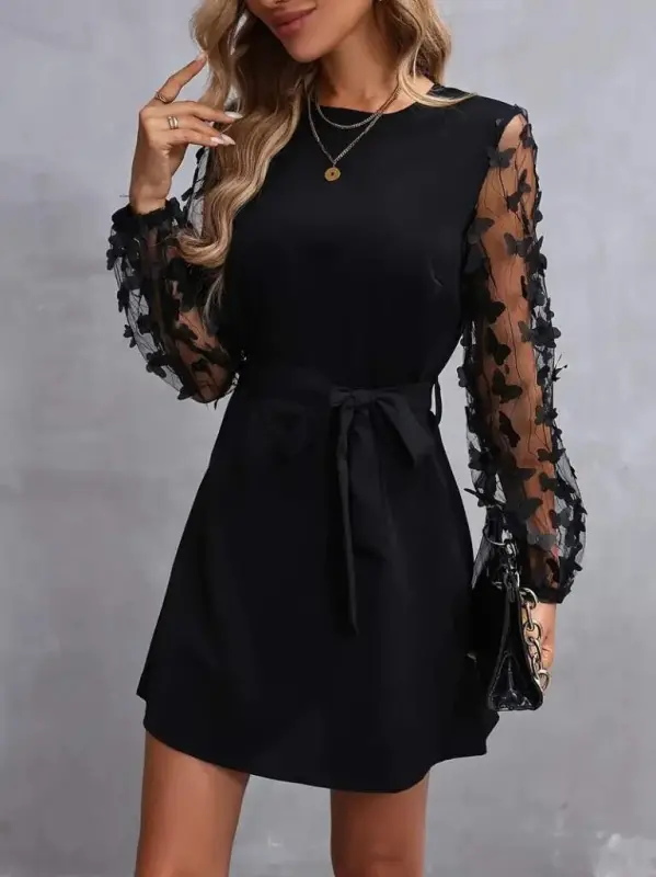 Women's Long Sleeve Crew Neck Tulle Butterfly Detailed Imported Crepe Dress - 4