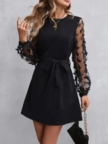 Women's Long Sleeve Crew Neck Tulle Butterfly Detailed Imported Crepe Dress - 7