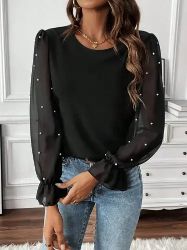 Women's Long Sleeve Crew Neck Tulle Detailed Pearl Imported Crepe Blouse - BÜYÜKBEDENIZ (1)