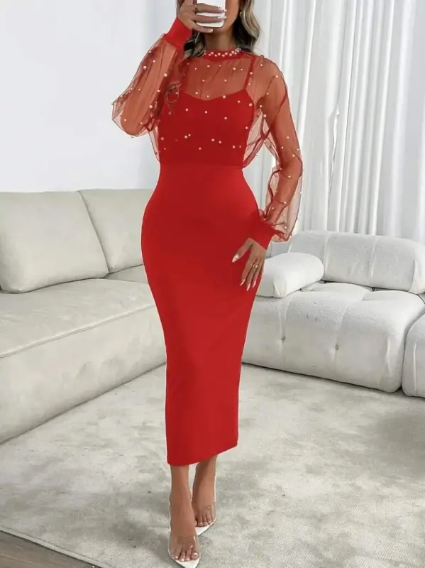 Women's Long Sleeve Crew Neck Tulle Pearl Detailed Long Imported Crepe Dress - BÜYÜKBEDENIZ