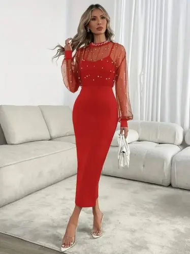 Women's Long Sleeve Crew Neck Tulle Pearl Detailed Long Imported Crepe Dress - 2