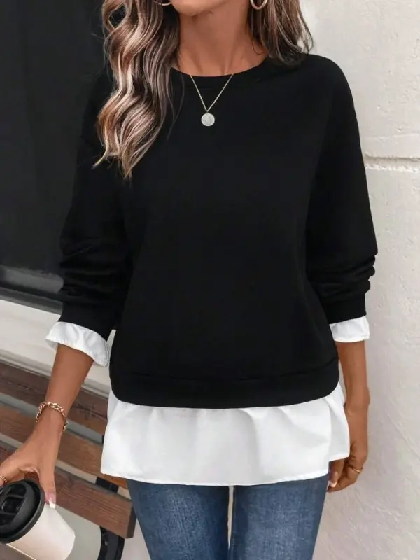 Women's Long Sleeve Crew Neck Viscose Double-Yarn and Tricot Hem Blouse - BÜYÜKBEDENIZ