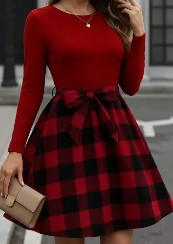 Women's Long Sleeve Crew Neck Viscose Top Plaid Bottom Short Dress - 3