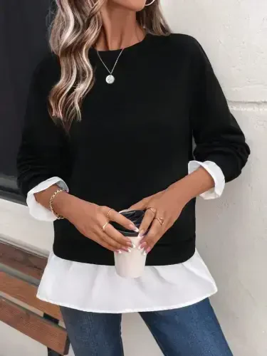 Women's Long Sleeve Crew Neck Viscose Two Thread And Knitted Hem Blouse - 2