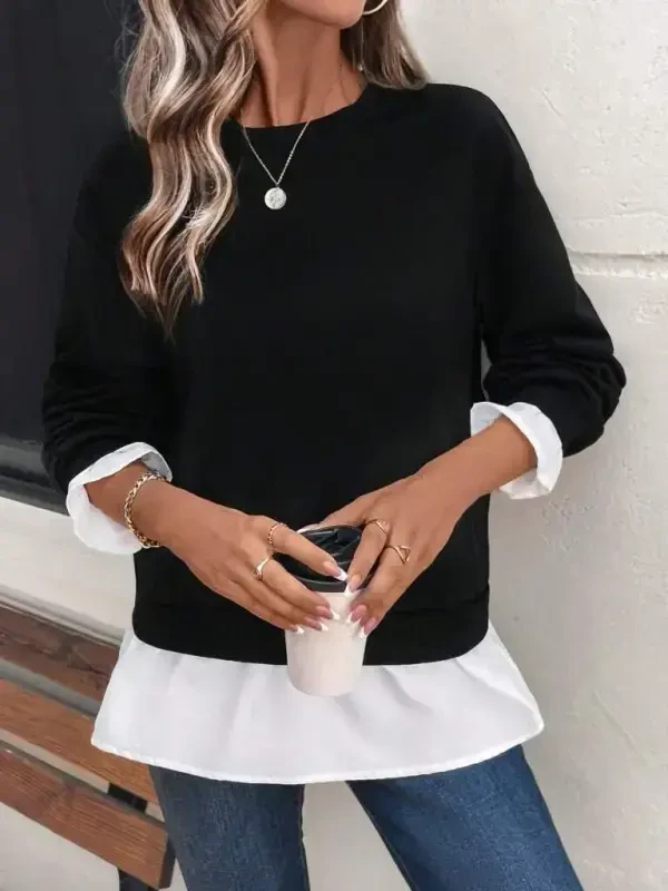 Women's Long Sleeve Crew Neck Viscose Two Thread And Knitted Hem Blouse - 2