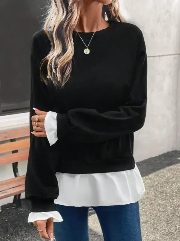 Women's Long Sleeve Crew Neck Viscose Two Thread And Knitted Hem Blouse - 3