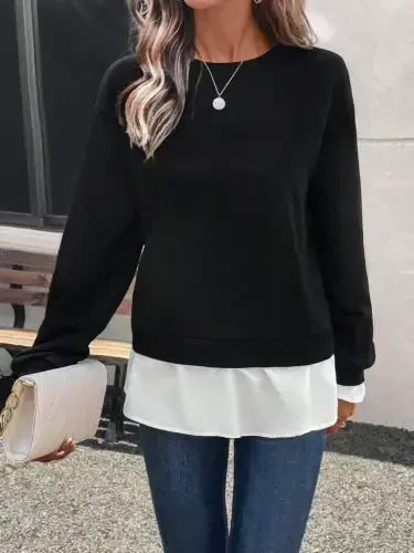 Women's Long Sleeve Crew Neck Viscose Two Thread And Knitted Hem Blouse - 4