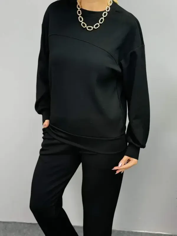 Women's Long Sleeve Crew Neck Viscose Two Thread Blouse and Pants Set - 3
