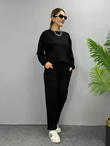 Women's Long Sleeve Crew Neck Viscose Two Thread Blouse and Pants Set - 5