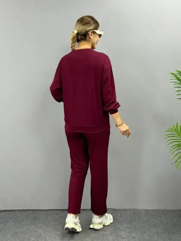 Women's Long Sleeve Crew Neck Viscose Two Thread Blouse And Pants Set - 3