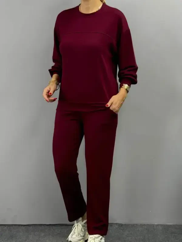 Women's Long Sleeve Crew Neck Viscose Two Thread Blouse And Pants Set - 4