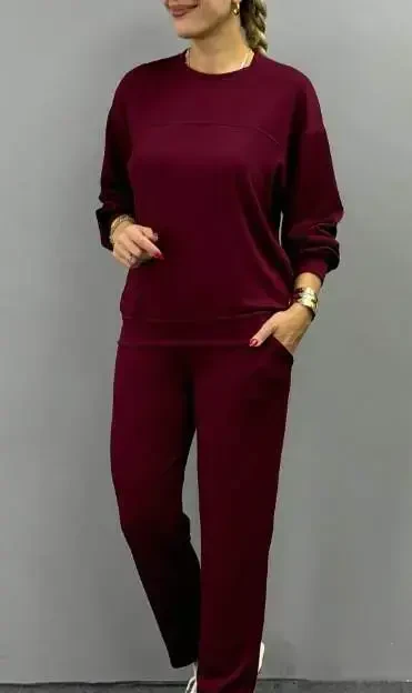 Women's Long Sleeve Crew Neck Viscose Two Thread Blouse And Pants Set - 6