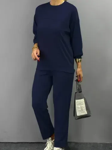 Women's Long Sleeve Crew Neck Viscose Two Thread Blouse and Pants Set - 2