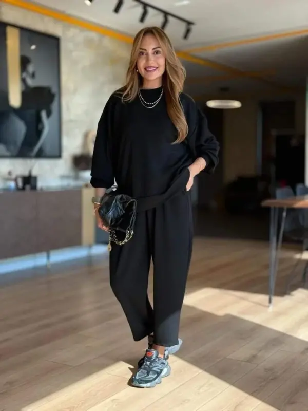 Women's Long Sleeve Crew Neck Viscose Two Thread Blouse and Pants Set - 1