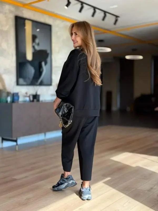 Women's Long Sleeve Crew Neck Viscose Two Thread Blouse and Pants Set - 2