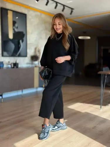 Women's Long Sleeve Crew Neck Viscose Two Thread Blouse and Pants Set - 3