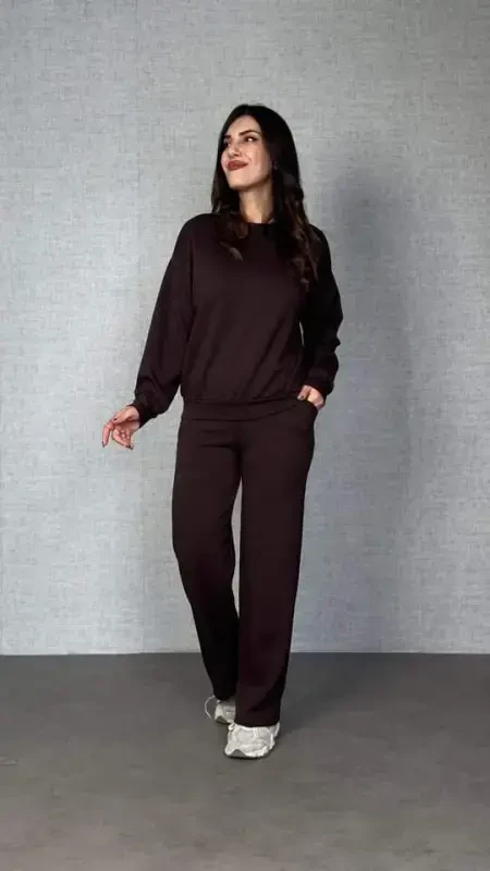 Women's Long Sleeve Crew Neck Viscose Two Thread Blouse and Pants Set - 1