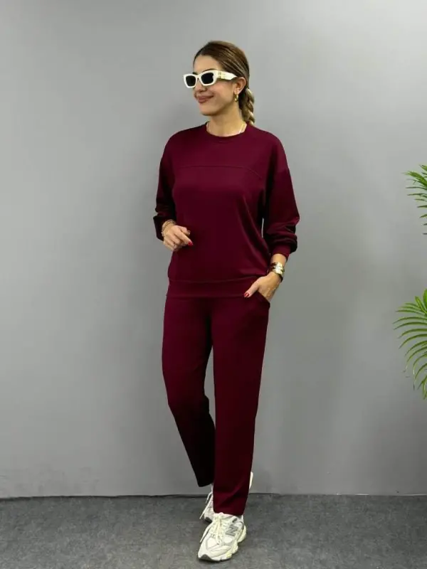 Women's Long Sleeve Crew Neck Viscose Two-Thread Blouse And Pants Two-Piece Set - 1