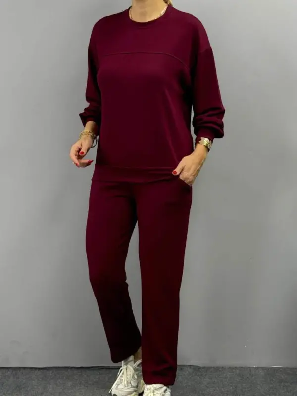Women's Long Sleeve Crew Neck Viscose Two-Thread Blouse And Pants Two-Piece Set - 4