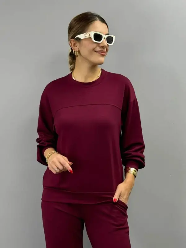 Women's Long Sleeve Crew Neck Viscose Two-Thread Blouse And Pants Two-Piece Set - 5