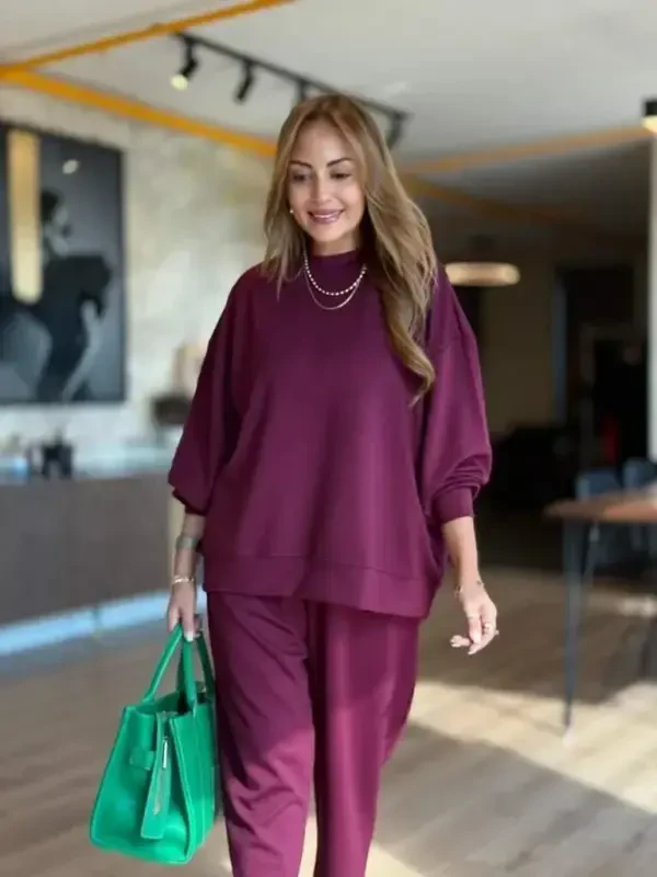 Women's Long Sleeve Crew Neck Viscose Two Thread Purple Blouse and Pants Set - 3