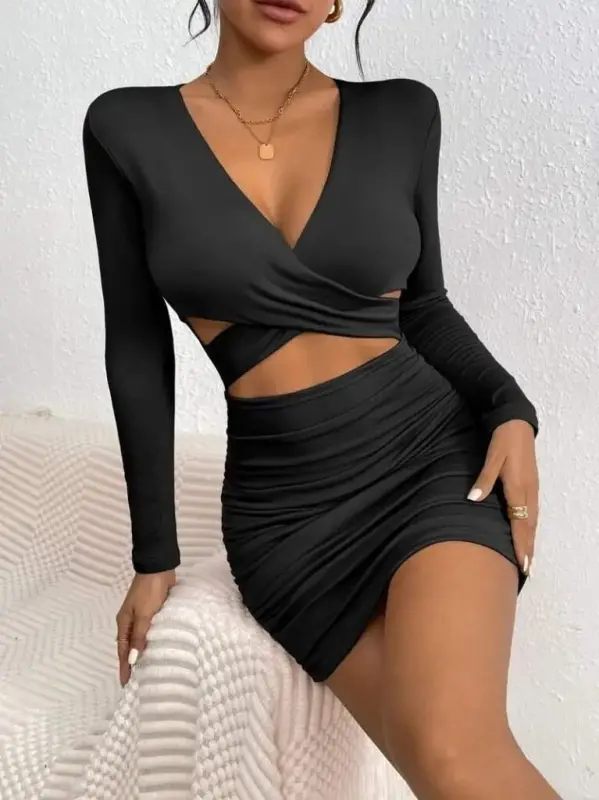 Women's Long Sleeve Cross Neckline Detailed Mini Sandy Dress - 5