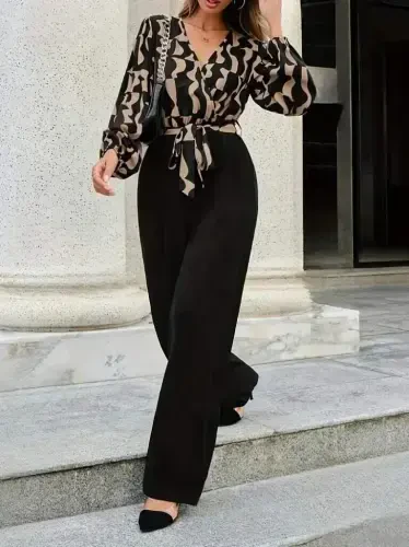 Women's Long Sleeve Crossover Collar Belted Top Diver Bottom Imported Crepe Jumpsuit - 1