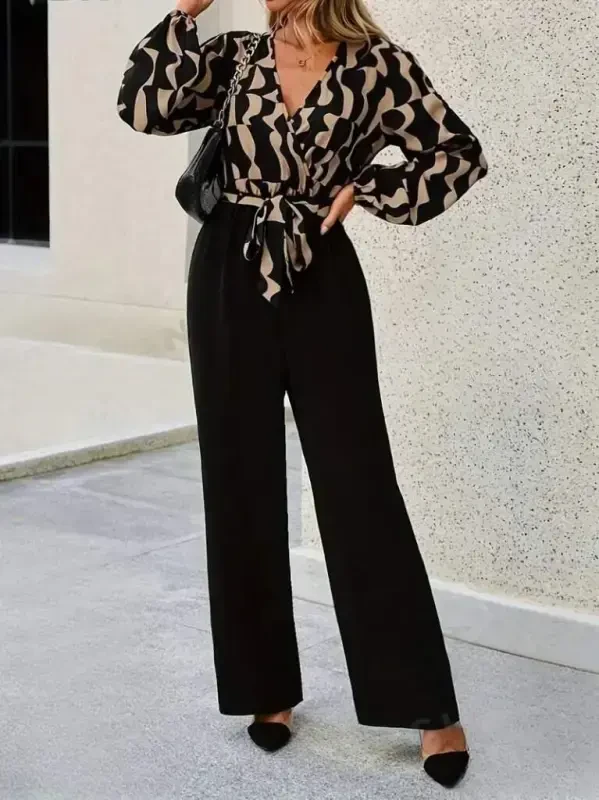 Women's Long Sleeve Crossover Collar Belted Top Diver Bottom Imported Crepe Jumpsuit - 2