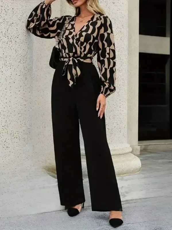 Women's Long Sleeve Crossover Collar Belted Top Diver Bottom Imported Crepe Jumpsuit - 3