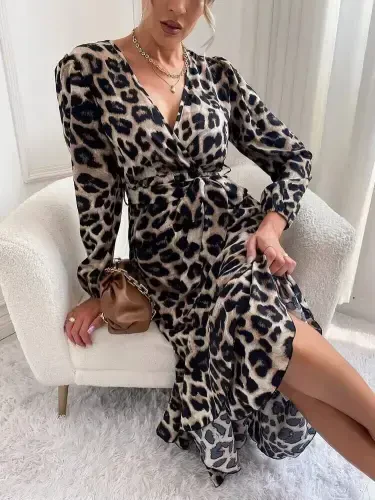 Women's Long Sleeve Crossover Collar Belted Waist Leopard - BÜYÜKBEDENIZ (1)