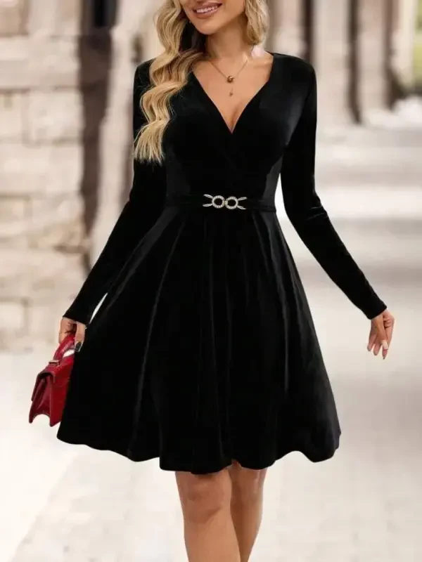 Women's Long Sleeve Crossover Collar Buckle Detailed Mini Velvet Dress - BÜYÜKBEDENIZ
