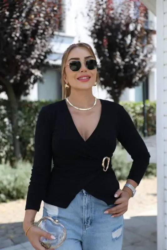 Women's Long Sleeve Crossover Collar Buckle Detailed Viscose Blouse - BÜYÜKBEDENIZ