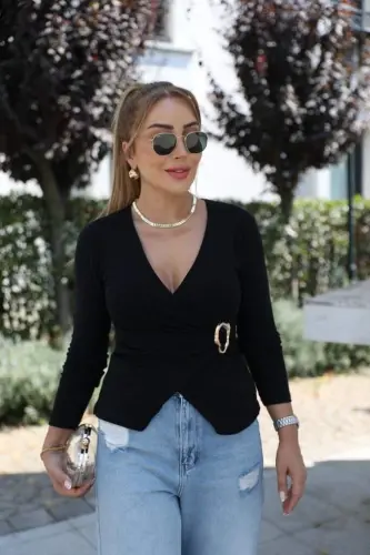 Women's Long Sleeve Crossover Collar Buckle Detailed Viscose Blouse - BÜYÜKBEDENIZ (1)