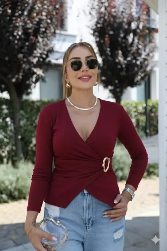 Women's Long Sleeve Crossover Collar Buckle Detailed Viscose Blouse - 1