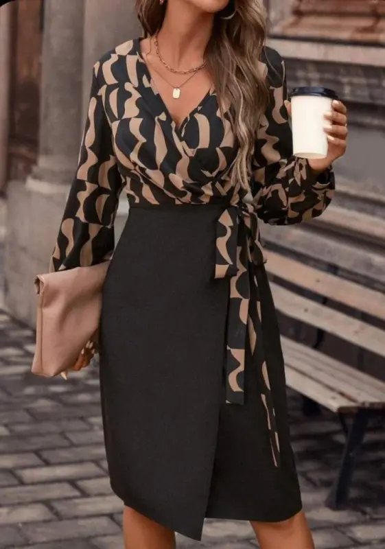 Women's Long Sleeve Crossover Collar Digital Printed Bow Detail Atlas Fabric Dress - 1