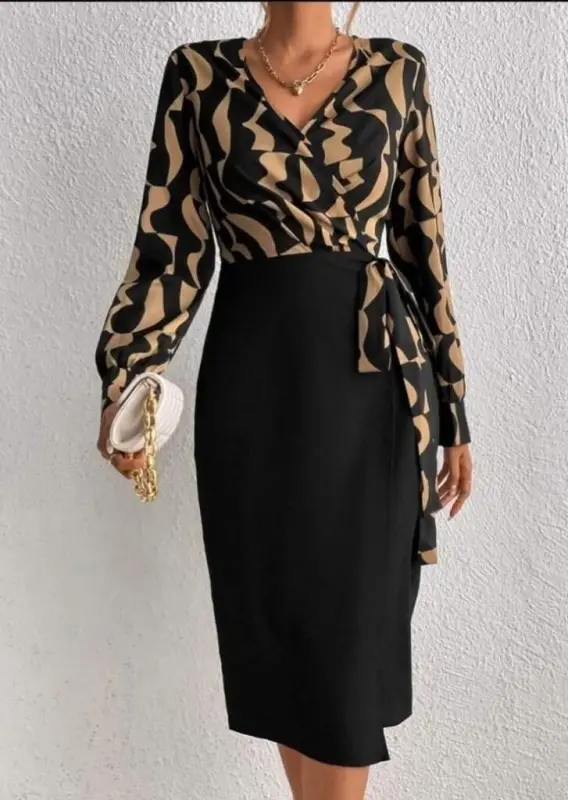 Women's Long Sleeve Crossover Collar Digital Printed Bow Detail Atlas Fabric Dress - 3