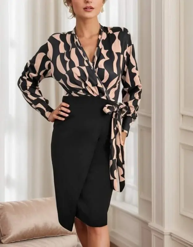 Women's Long Sleeve Crossover Collar Digital Printed Bow Detail Atlas Fabric Dress - 4